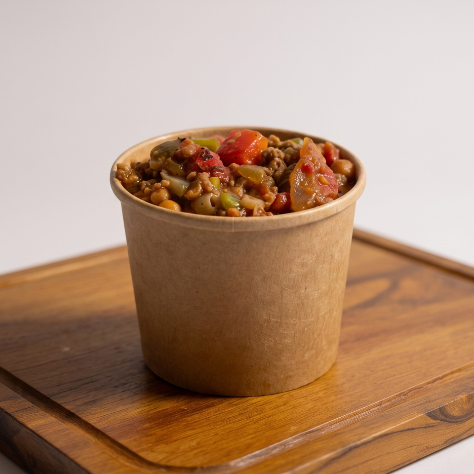 Lentil and vegetable stew in a brown paper cup on a wooden board.