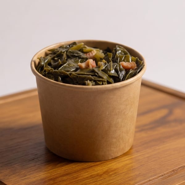 Collard greens with meat pieces in a brown paper cup on a wooden table.
