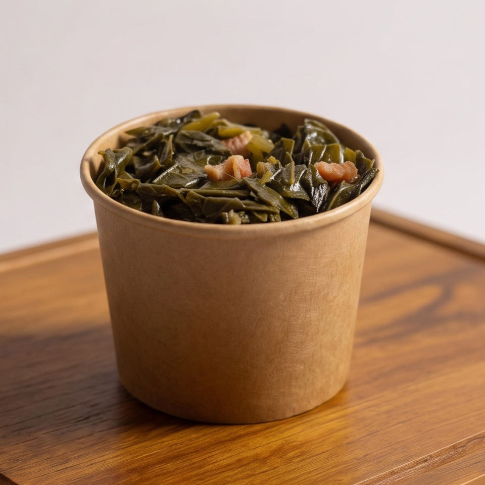 Collard greens with meat pieces in a brown paper cup on a wooden table.